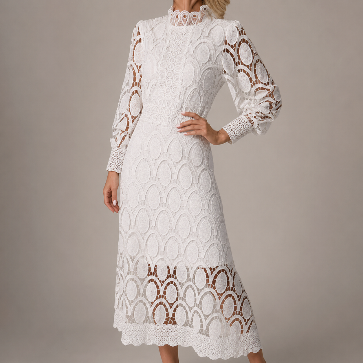 Asti High Neck Lace Balloon Sleeve Maxi Dress