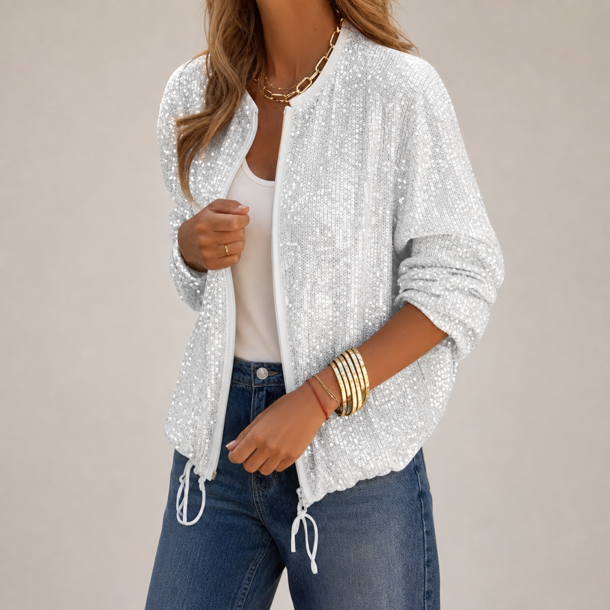 Saluzzo Sequin Zip Front Bomber Jacket
