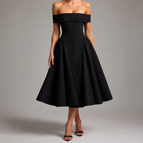 Agrigento Off Shoulder Fit and Flare Midi Dress