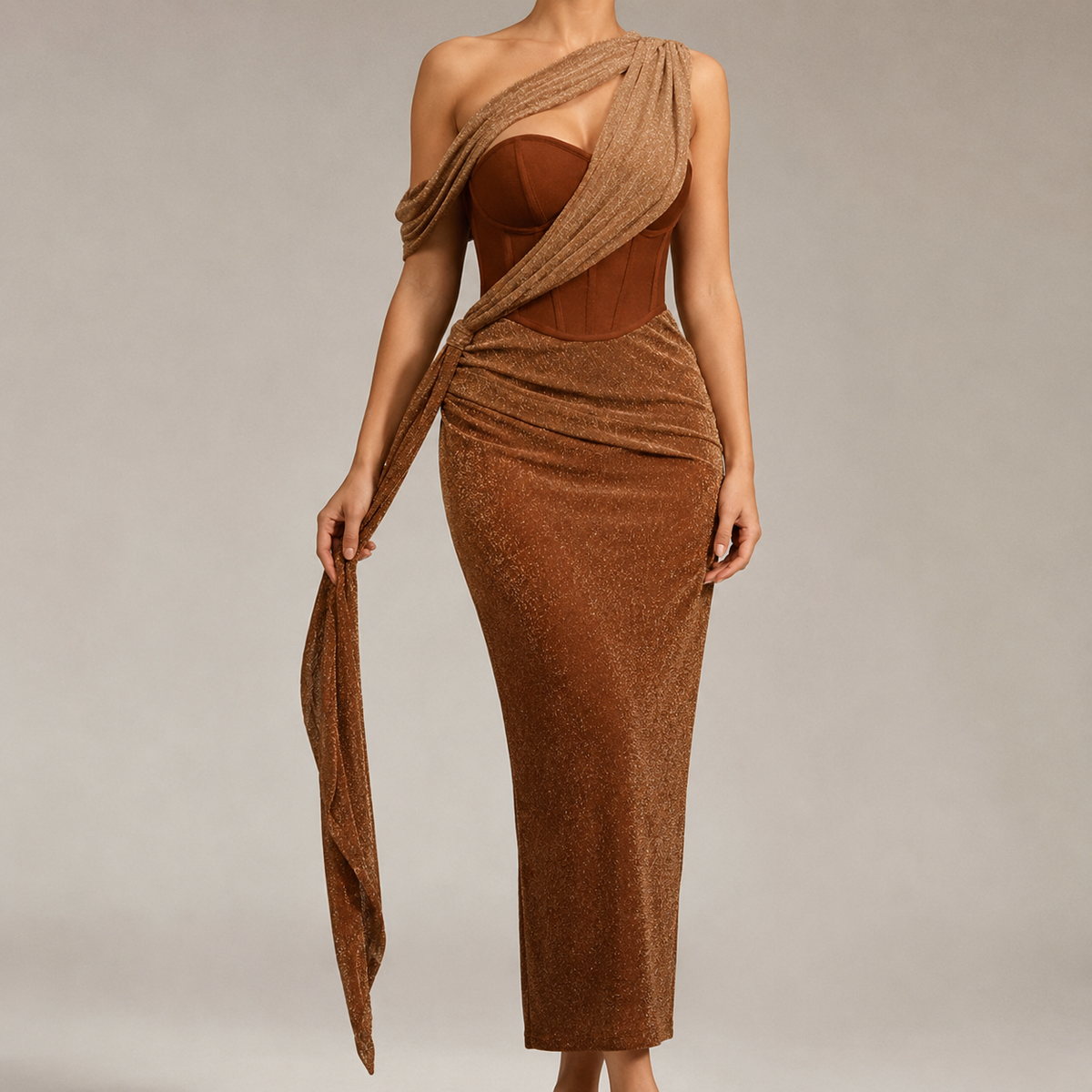 Bosa One Shoulder Draped Corset Evening Dress