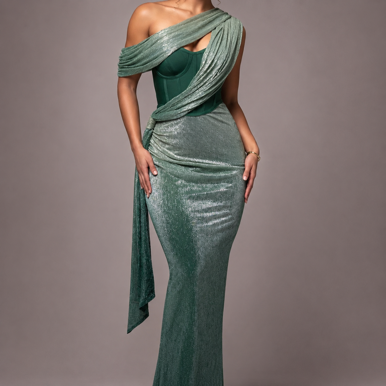 Bosa One Shoulder Draped Corset Evening Dress