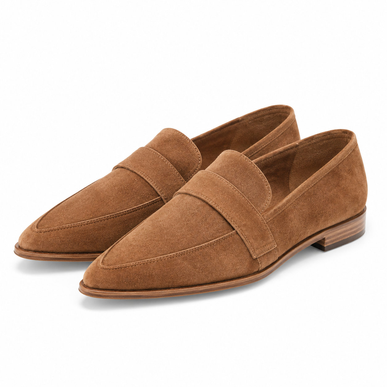 Siena Pointed-Toe Soft Suede Loafer — Khaki