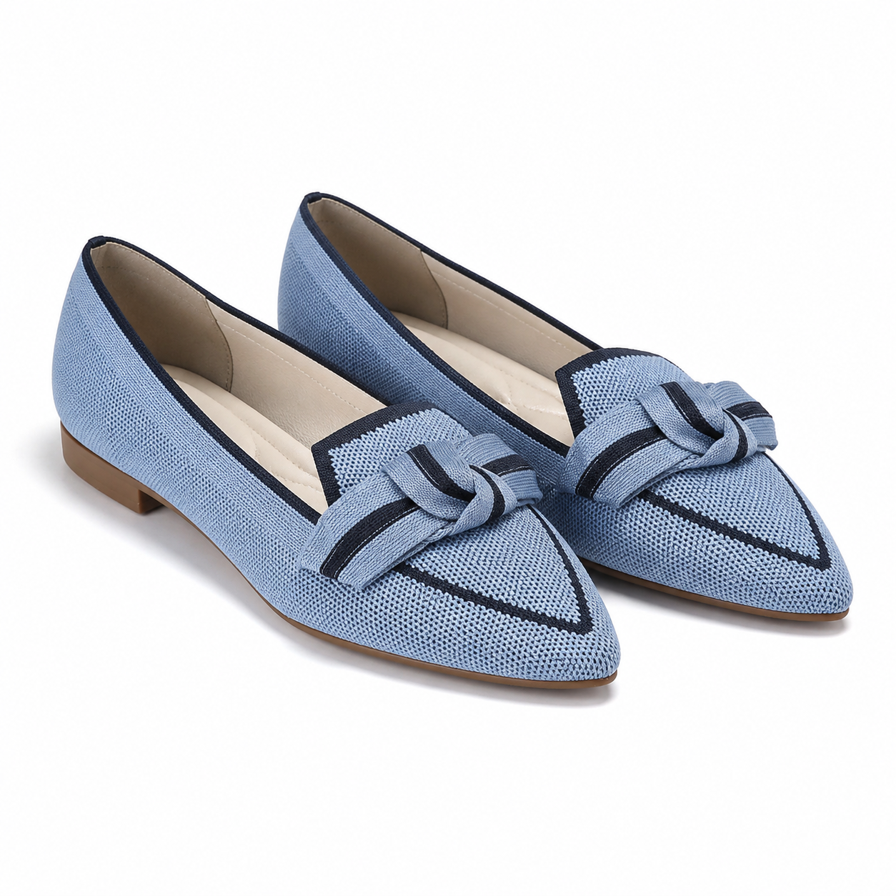 Capri Knit Pointed-Toe Knot Flat — Light Blue