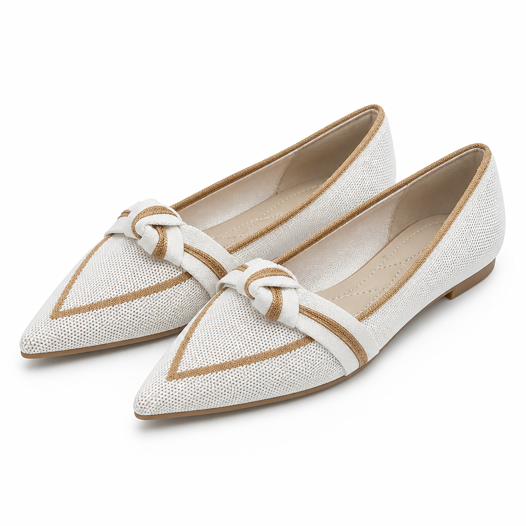 Capri Knit Pointed-Toe Knot Flat — White