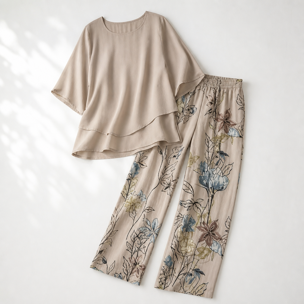 Procida Chiffon Overlay Two-Piece Trouser Set — Beige Botanical