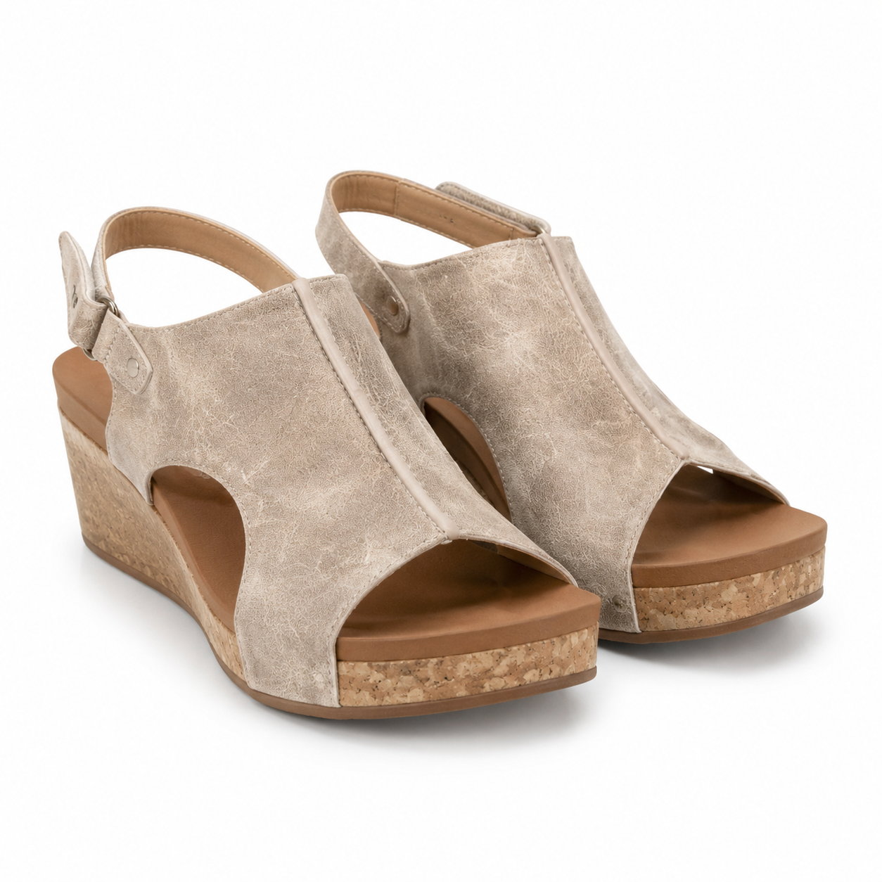 Ravello Peep-Toe Cork Wedge Slingback — Beige
