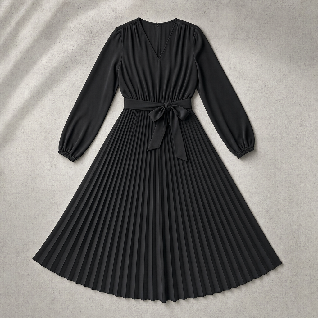 The Treviso Pleated Midi Dress - Black