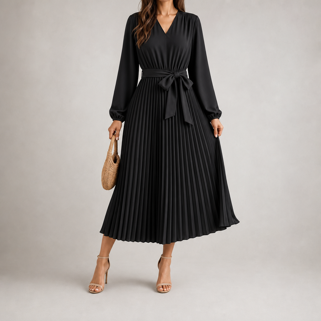 The Treviso Pleated Midi Dress - Black
