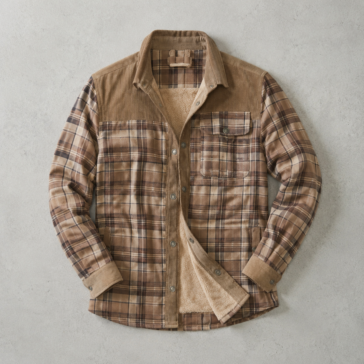 Brunico Check-Flannel Sherpa-Lined Field Overshirt — Light Brown
