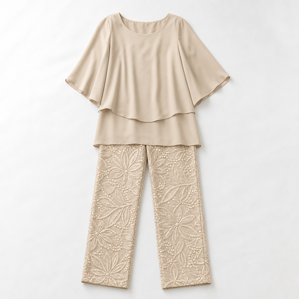 Procida Chiffon Overlay Two-Piece Trouser Set — Cream Palm