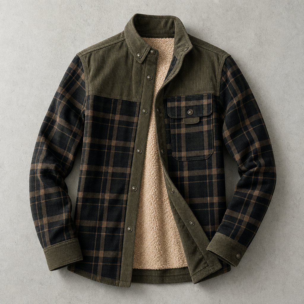 Brunico Check-Flannel Sherpa-Lined Field Overshirt — Black Army Green