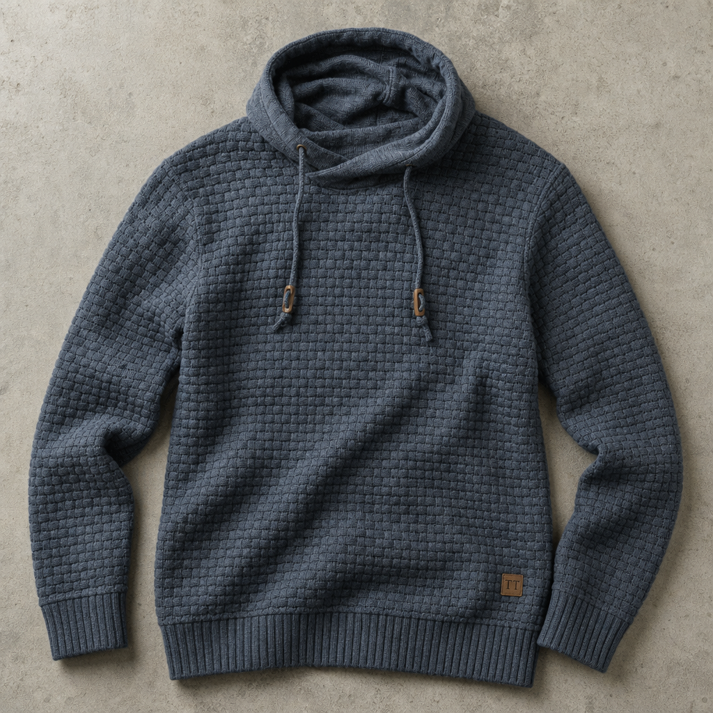 Cortina Waffle-Knit Cowl-Neck Pullover Hoodie — Blue-Gray