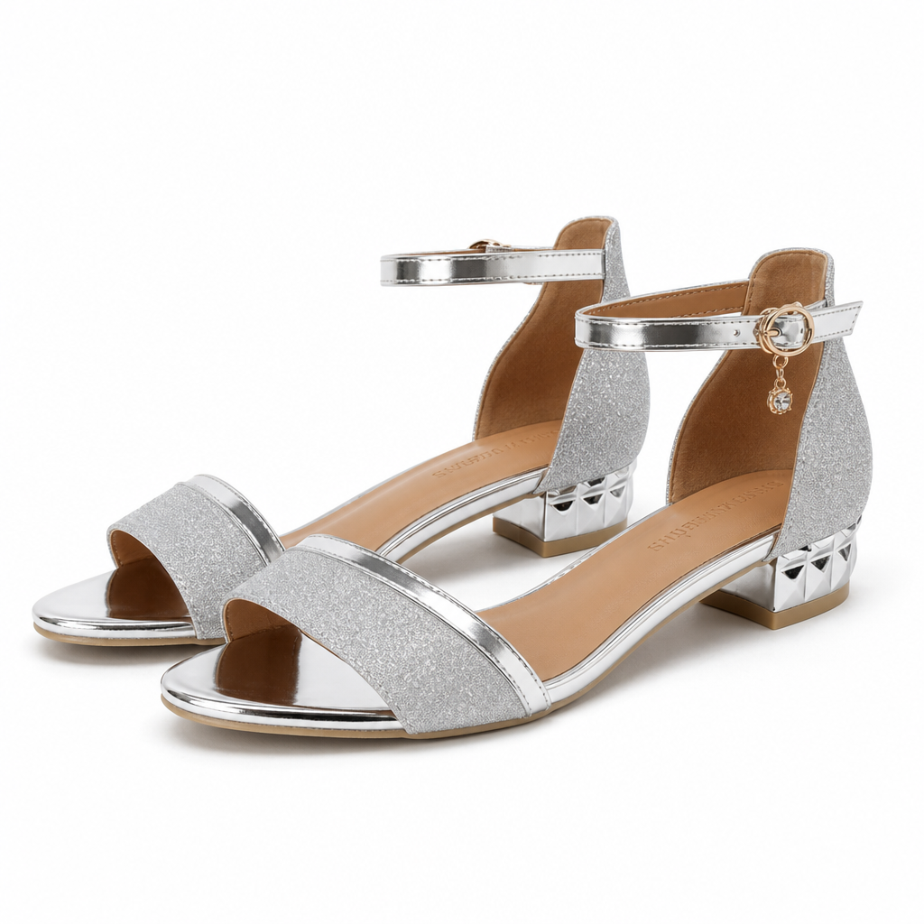 Positano Embellished Ankle-Strap Block-Heel Sandal — Silver