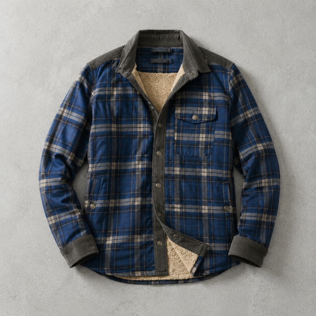 Brunico Check-Flannel Sherpa-Lined Field Overshirt — Blue