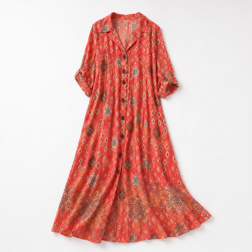 Sardinia Leaf-Print Button-Front Boho Maxi Dress — Rouge