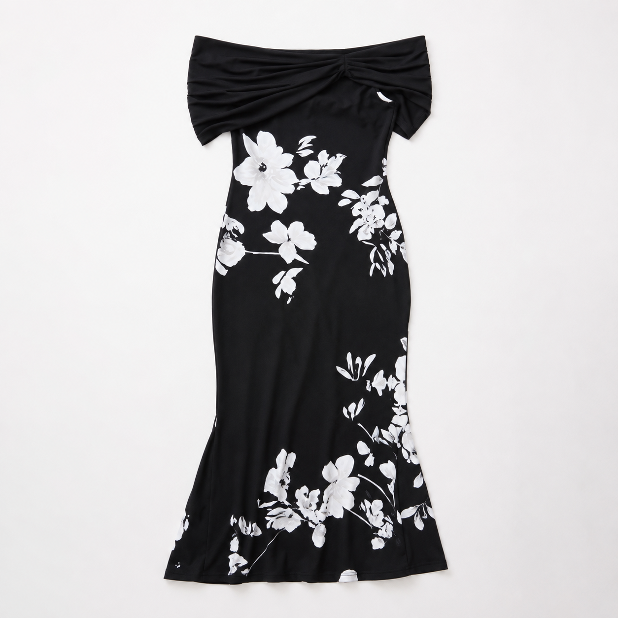 Liguria Off-Shoulder Floral Mermaid Midi Dress — Black