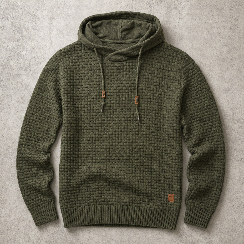 Cortina Waffle-Knit Cowl-Neck Pullover Hoodie — Army Green