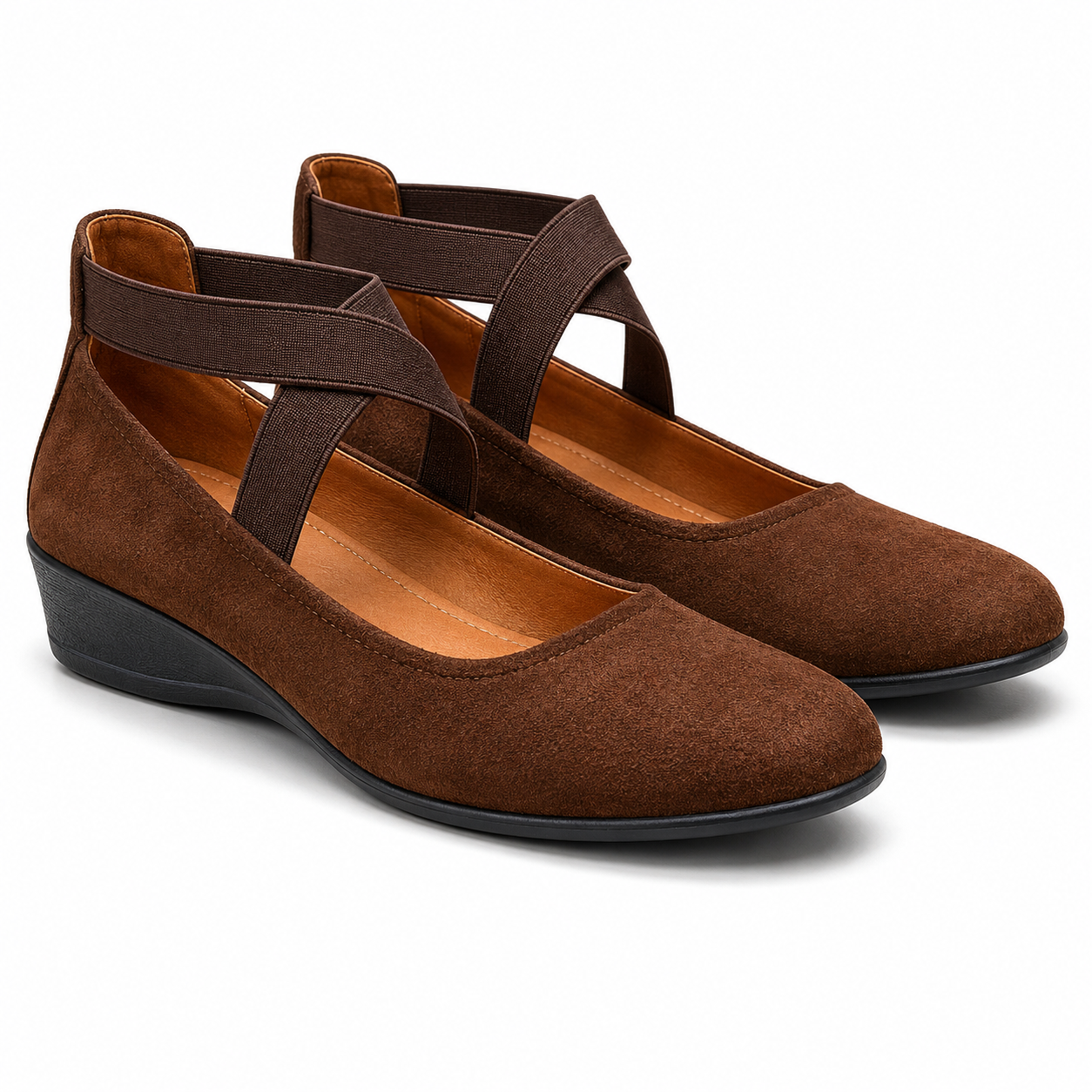 Lucca Cross-Strap Comfort Wedge Mary-Jane — Brown