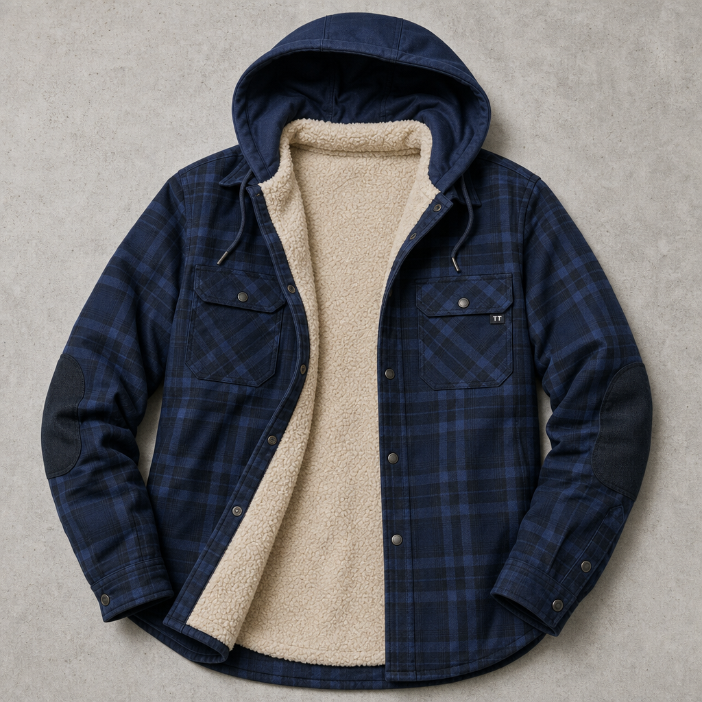 Aosta Plaid Sherpa Hooded Shirt-Jacket — DARK BLUE