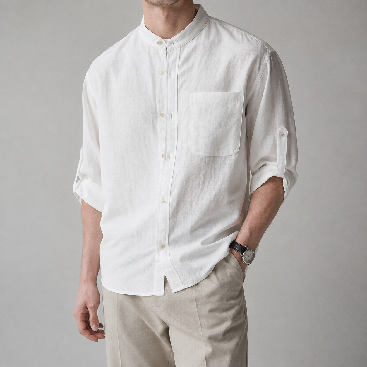 The Savona Stand Collar Roll Sleeve Shirt