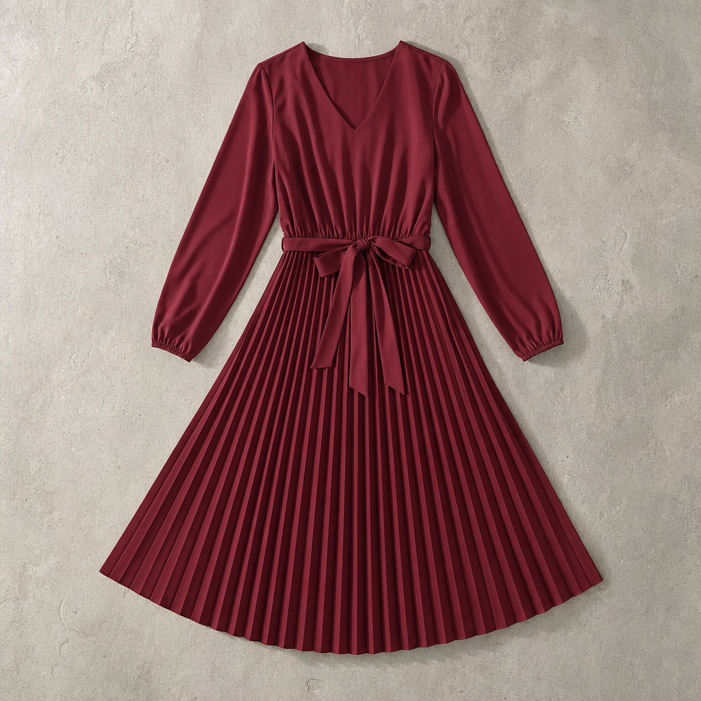 The Treviso Pleated Midi Dress - Wine Red