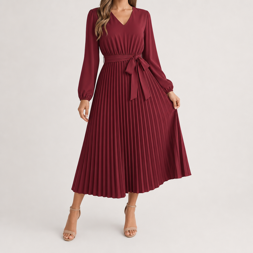 The Treviso Pleated Midi Dress - Wine Red