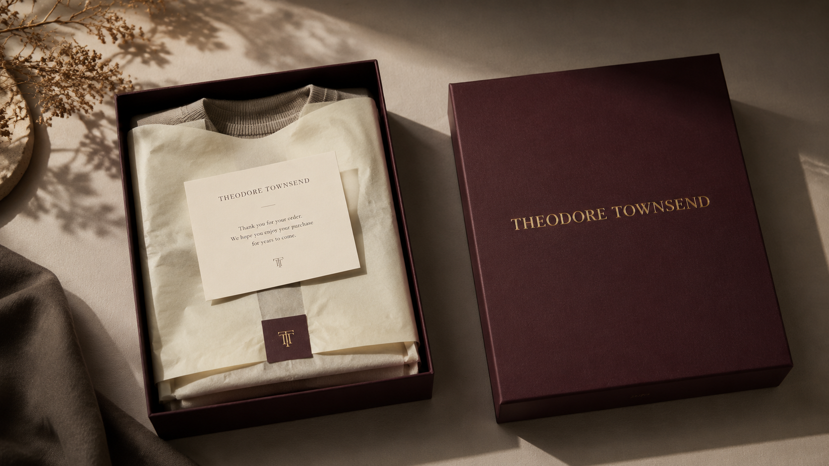 Theodore Townsend packaging — boxed and wrapped